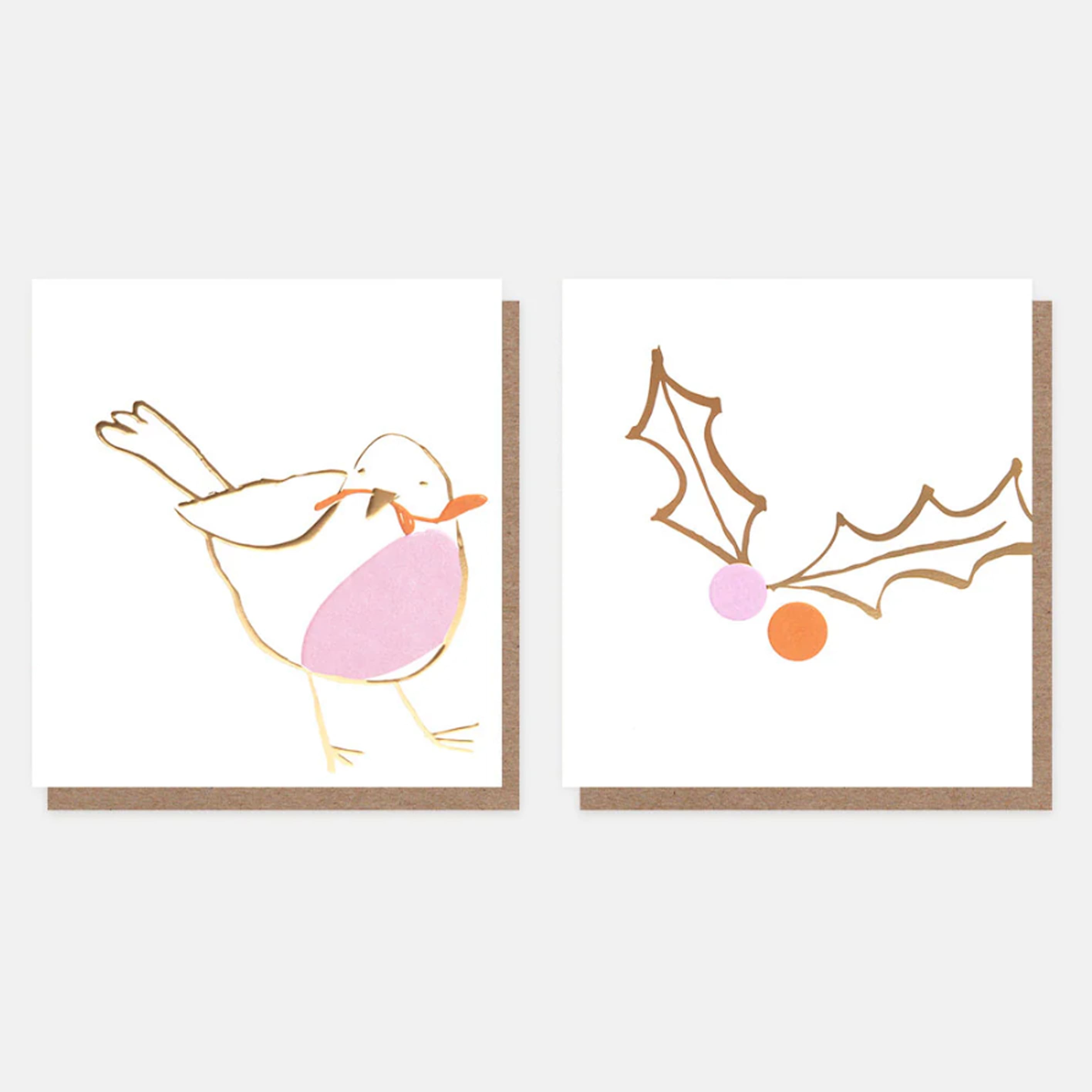 Christmas Card | Pack of 8 | Gold & Lilac Robin & Holly | Caroline Gardner