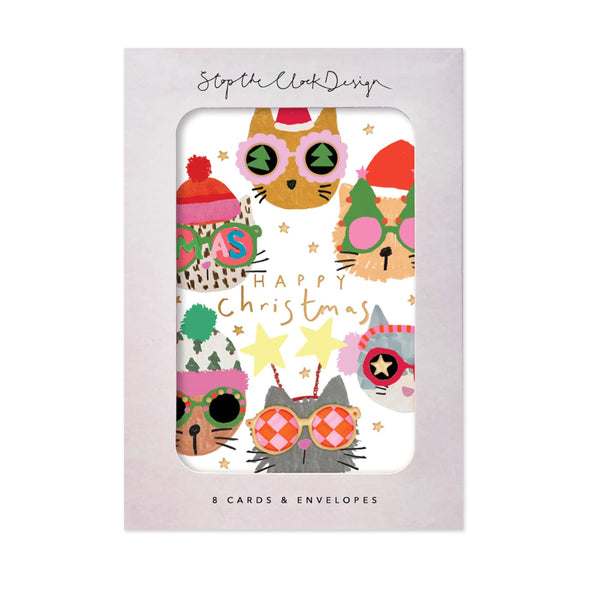 Christmas Card | Pack of 8 | Happy Christmas Cats | Stop The Clock