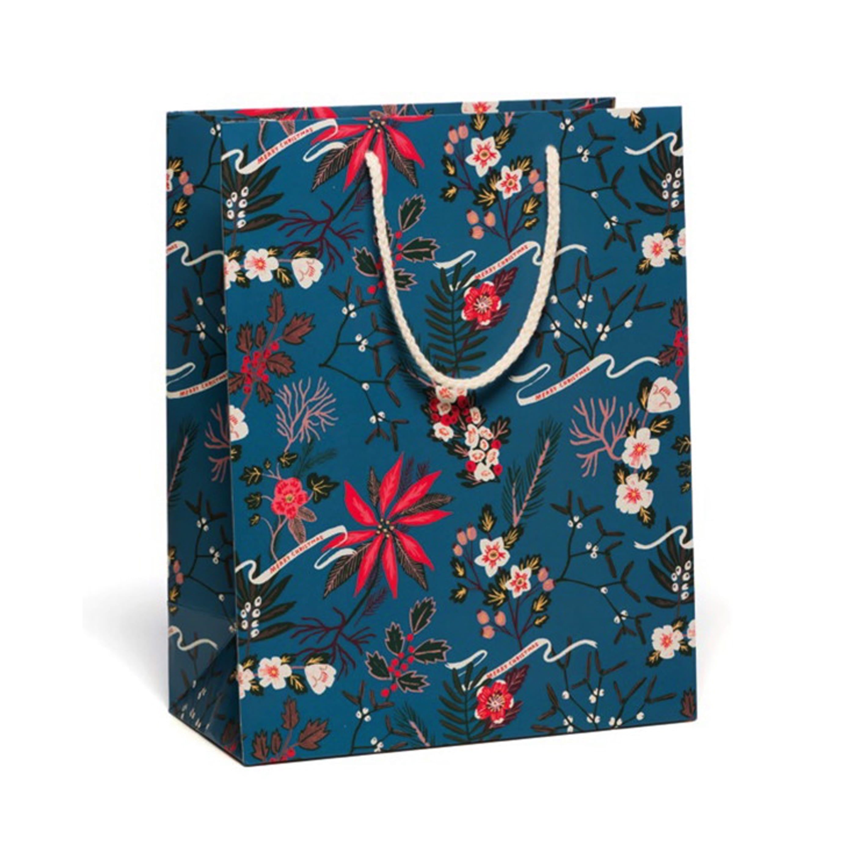 Gift Bag | Christmas | Large | Blue Poinsettia | Red Cap Cards