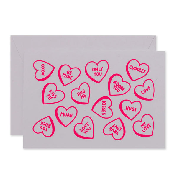 Love & Friendship Card | Candy Hearts | Neon Pink On White | Me & Amber